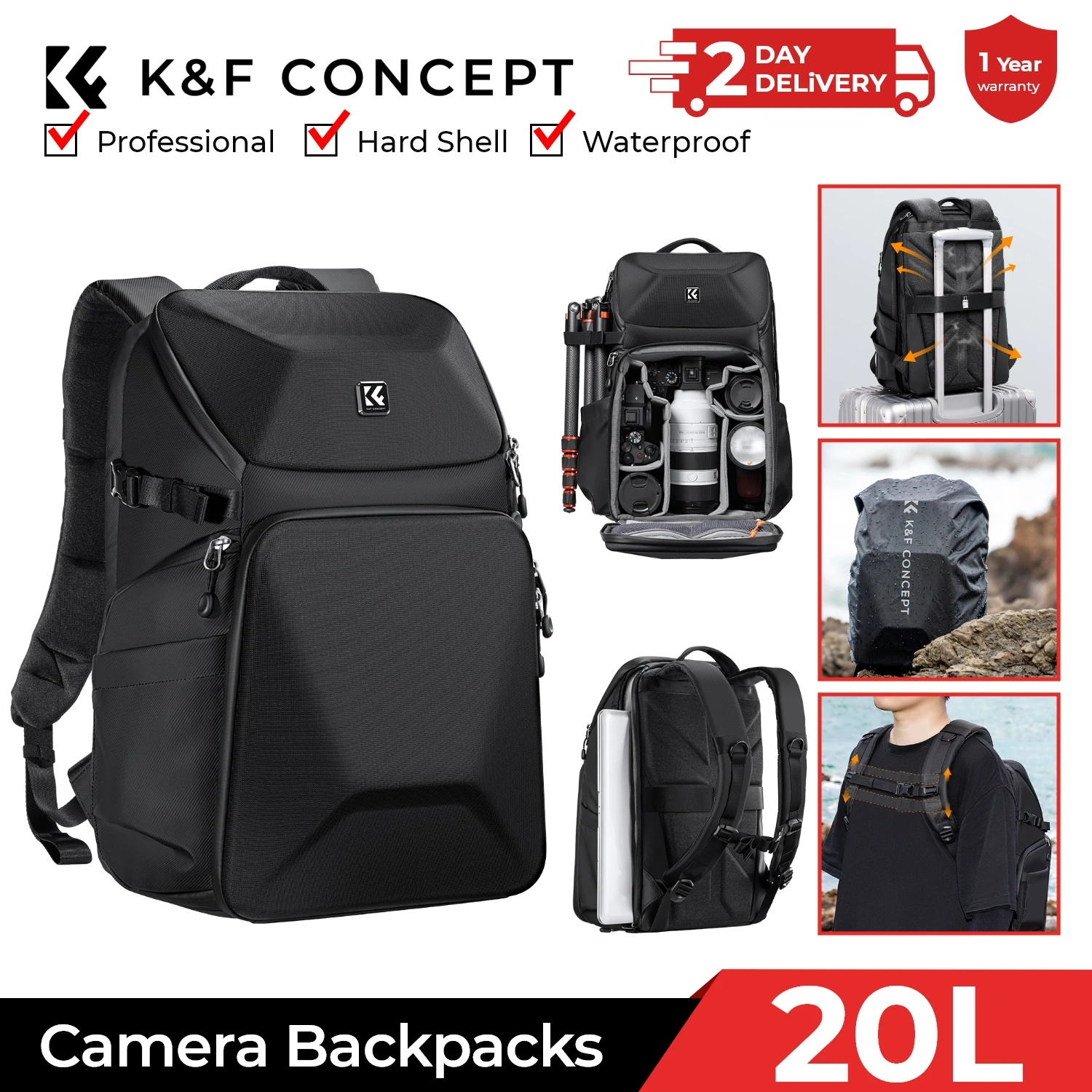 Photography Lighting Bag - Plecak fotograficzny K&F CONCEPT 20L, wodoodporny,